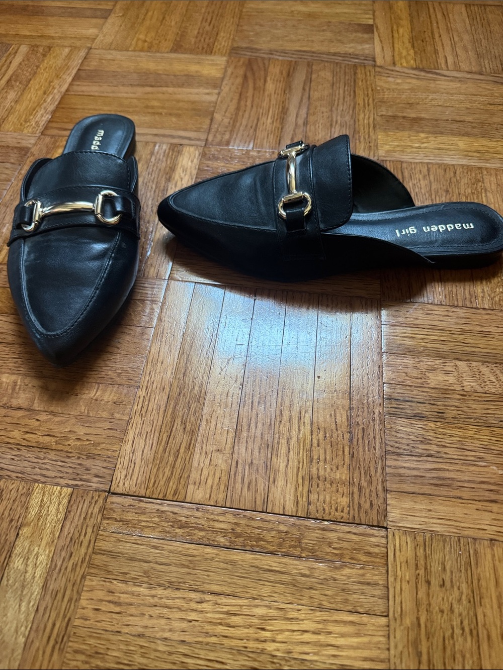 madden girl  Black Leather Pointed Backless Mule with Gold Bit